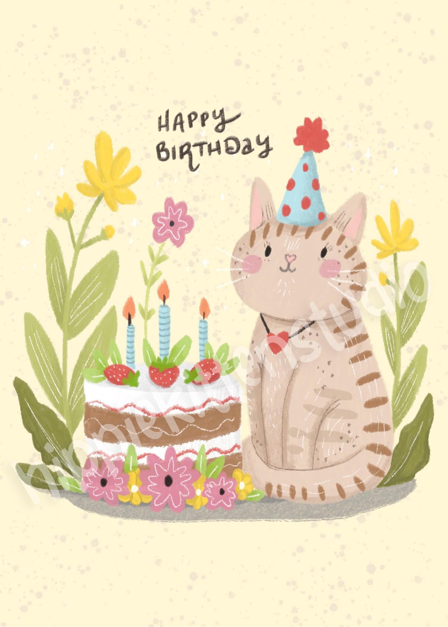 Cat Happy Birthday Card, Hand Drawn Birthday Card, Cute Kitten Birthday Card, Birthday Card for Her, Birthday Card for Child, Daughter