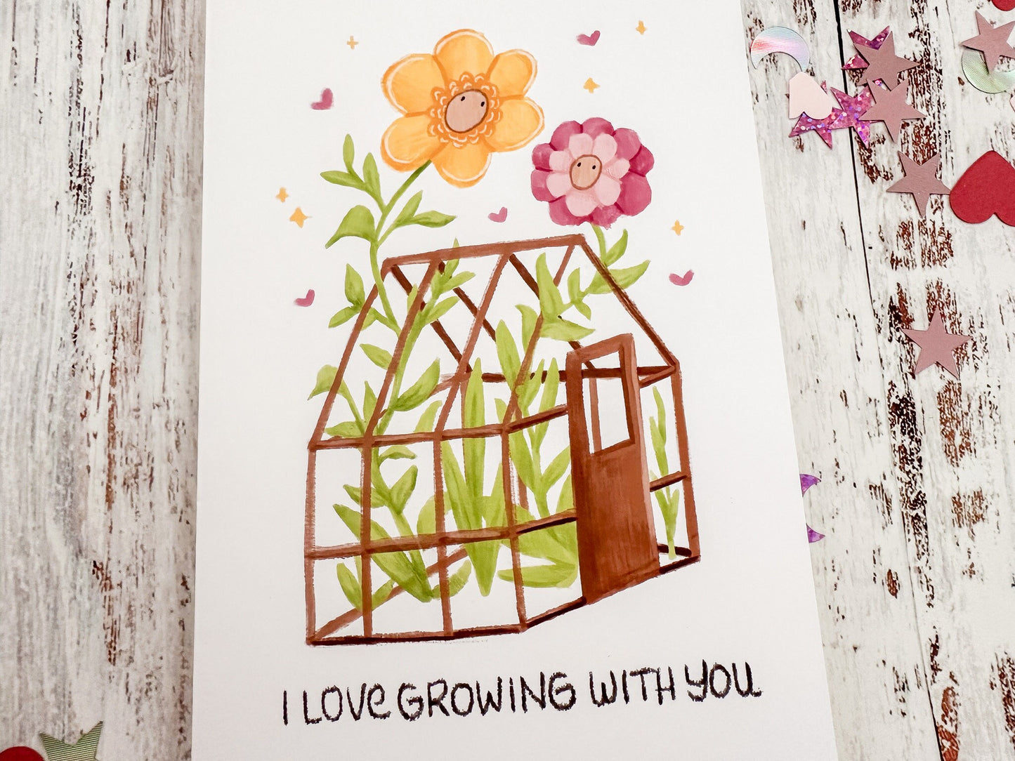 Cute Valentine's Day Card "I Love Growing With You" Greenhouse Valentine's Day Card, Plants Valentines Card for Her or Him Unisex LGBTQ+