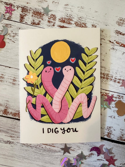 Funny Valentine's Day Card "I Dig You" Worms, Cute Valentines Card for Gardener, Farmer, Valentines Day card for Her, Him, Friend or Child