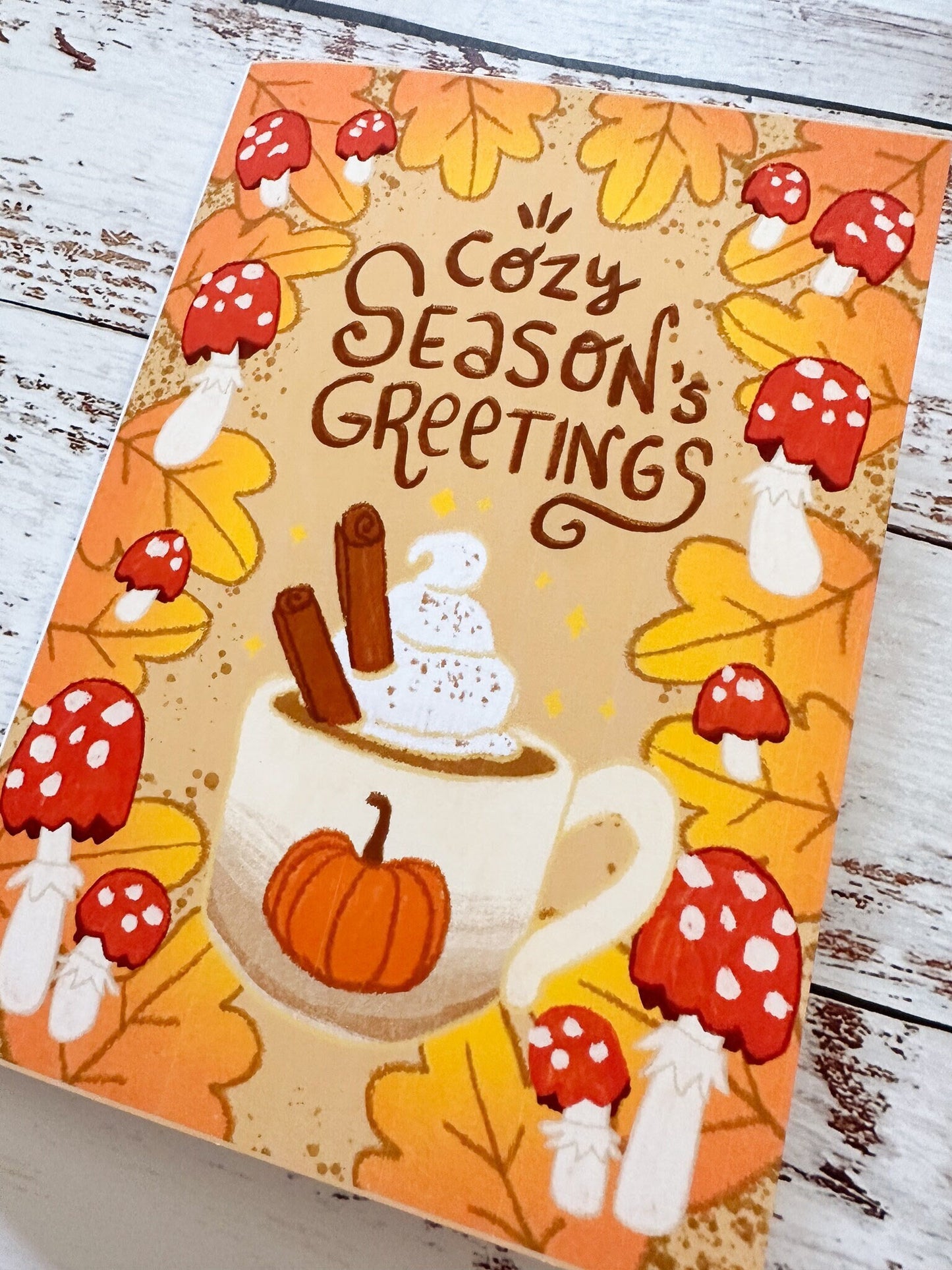 "Cozy Season's Greetings" Fall Themed Blank Greeting Card