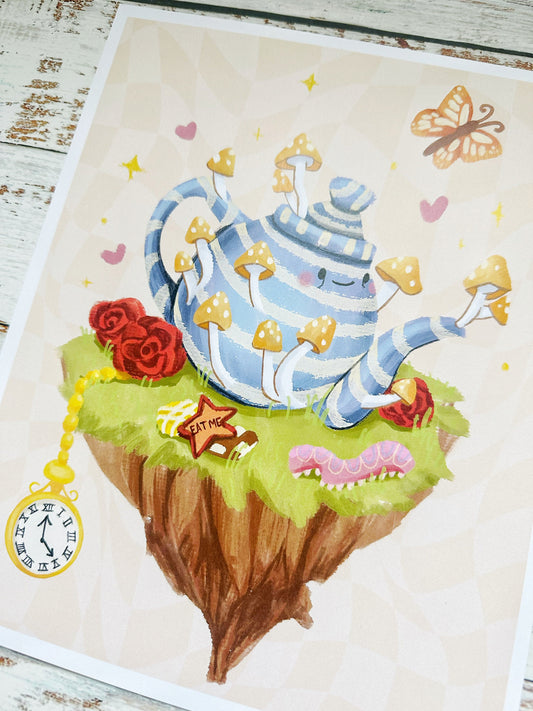 Alice in Wonderland inspired Art Print "Mushroom Tea" Mad Tea Party Hippie Wall Art Poster
