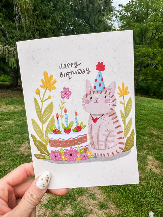 Cat Happy Birthday Card, Hand Drawn Birthday Card, Cute Kitten Birthday Card, Birthday Card for Her, Birthday Card for Child, Daughter