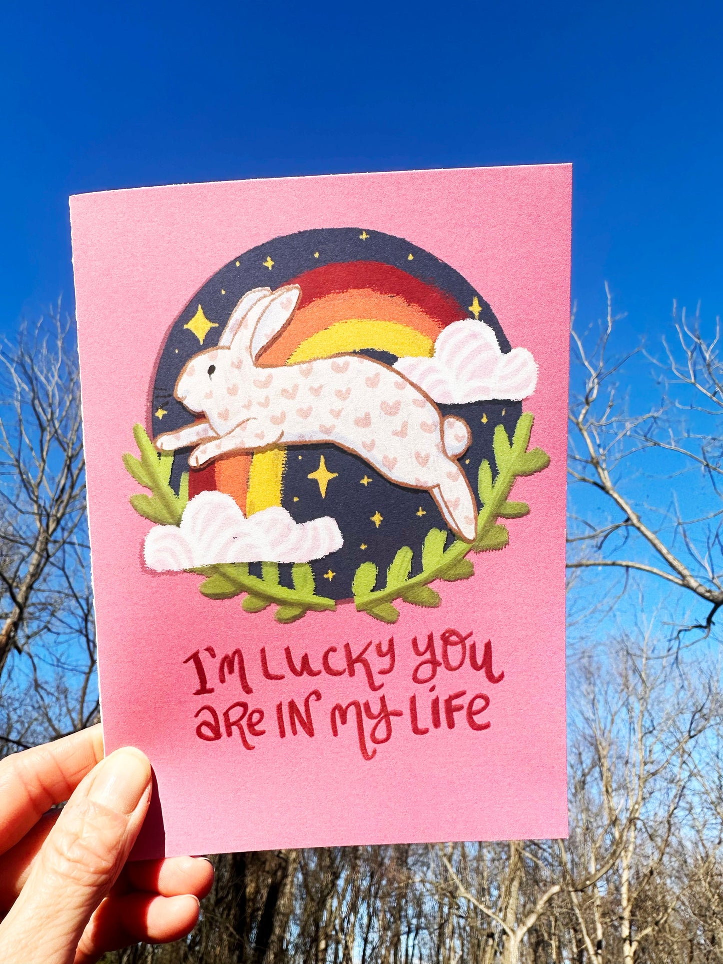 Bunny Rabbit Valentine's Day Card "I'm Lucky You're in My Life" for him, her, best friend, Galentine's or LGBTQ+