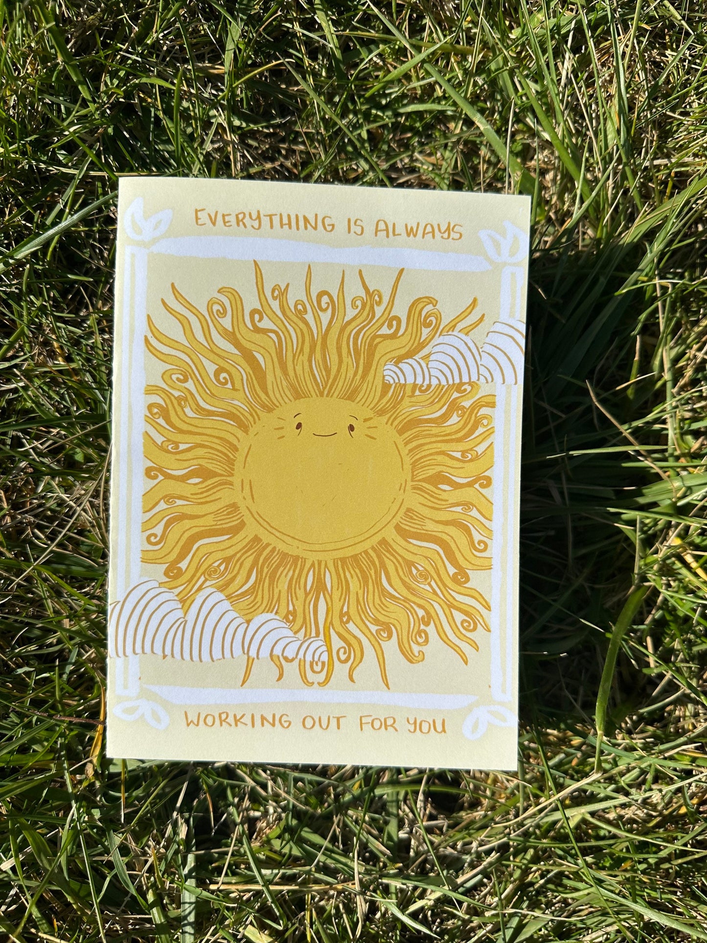 Boho sun blank greeting card / notecard “Everything is Always Working Out For Me” encouragement, thinking of you, congratulations card