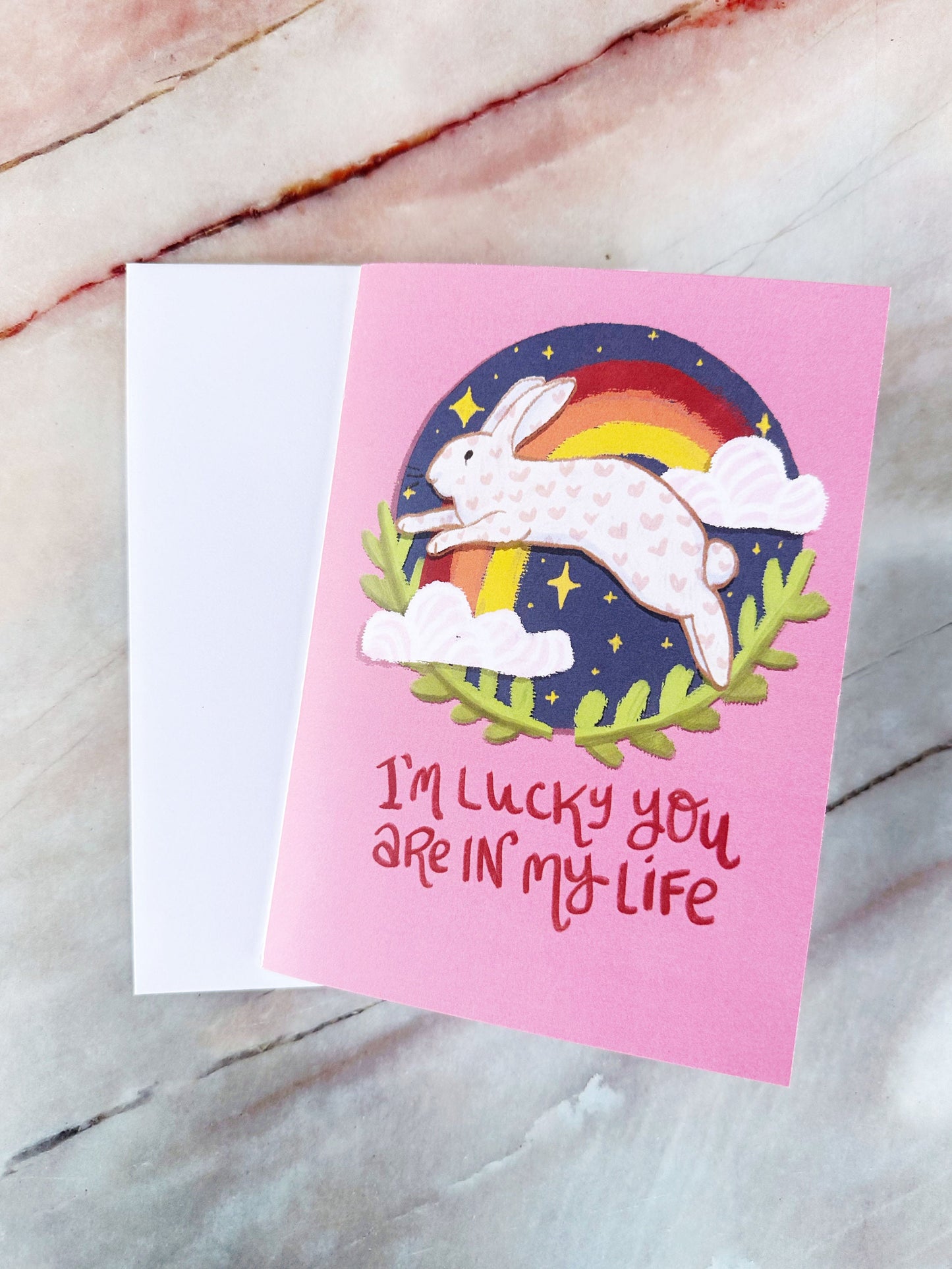 Bunny Rabbit Valentine's Day Card "I'm Lucky You're in My Life" for him, her, best friend, Galentine's or LGBTQ+