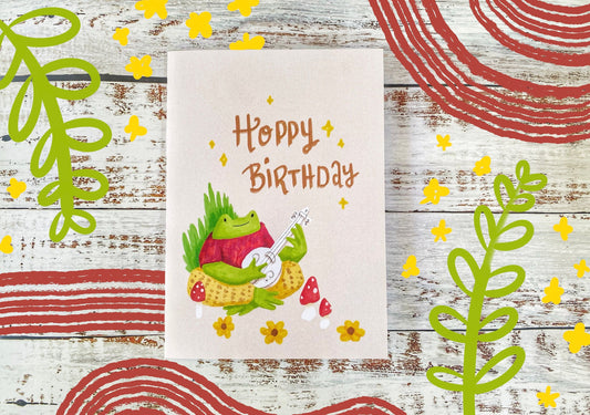Frog Happy Birthday card , Cute Happy Birthday Card, Hippie Birthday Card, Cute Frog Birthday Card , Cottagecore Birthday Card