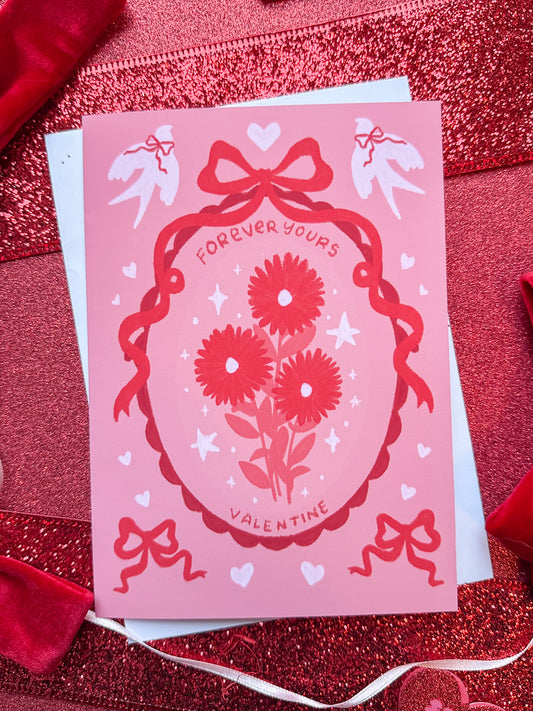 Red Bow Valentine's Day card for her, for wife, or husband. with romantic coquette Hand Drawn Illustration