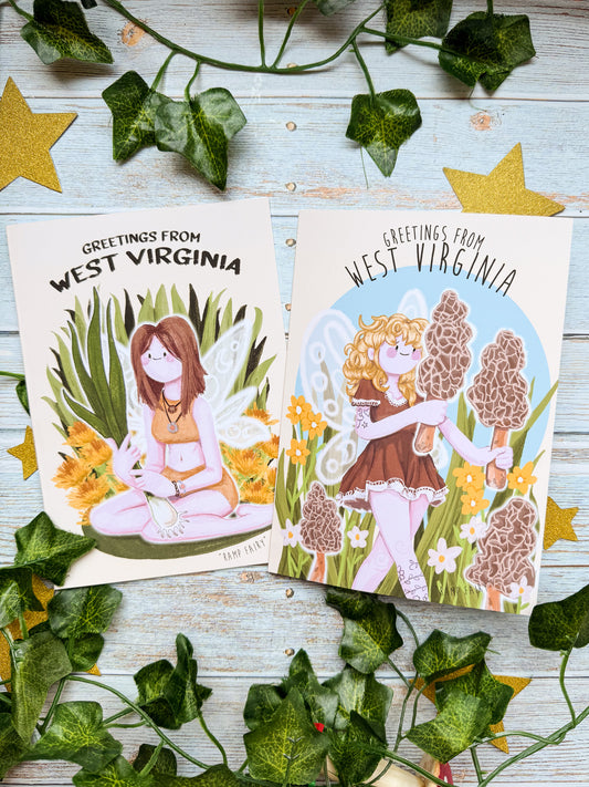 Morel Fairy and Ramp Fairy Greetings From West Virginia Greeting Card Bundle Set of 2