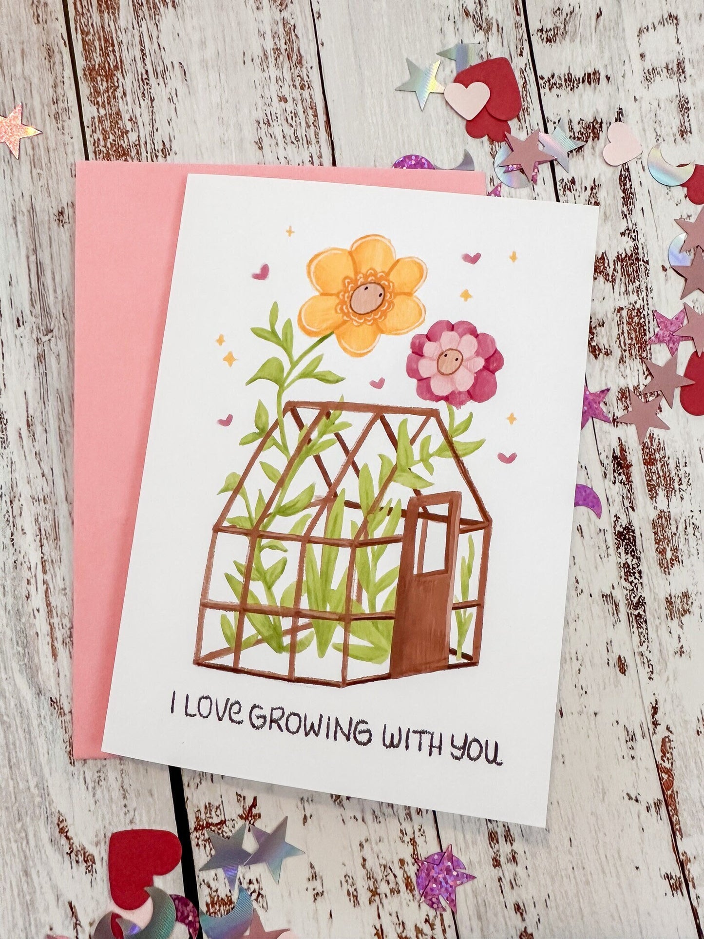 Cute Valentine's Day Card "I Love Growing With You" Greenhouse Valentine's Day Card, Plants Valentines Card for Her or Him Unisex LGBTQ+