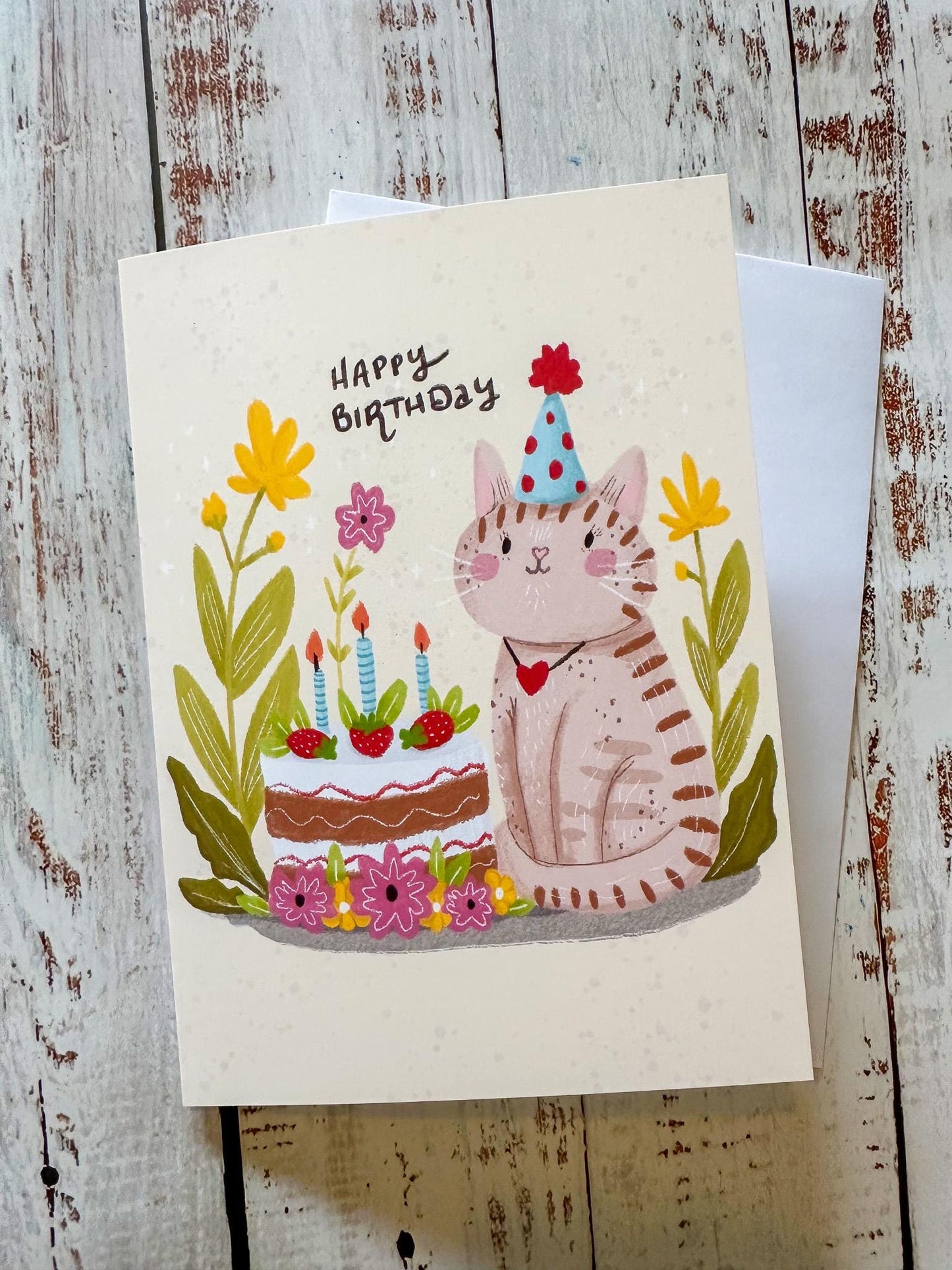 Cat Happy Birthday Card, Hand Drawn Birthday Card, Cute Kitten Birthday Card, Birthday Card for Her, Birthday Card for Child, Daughter