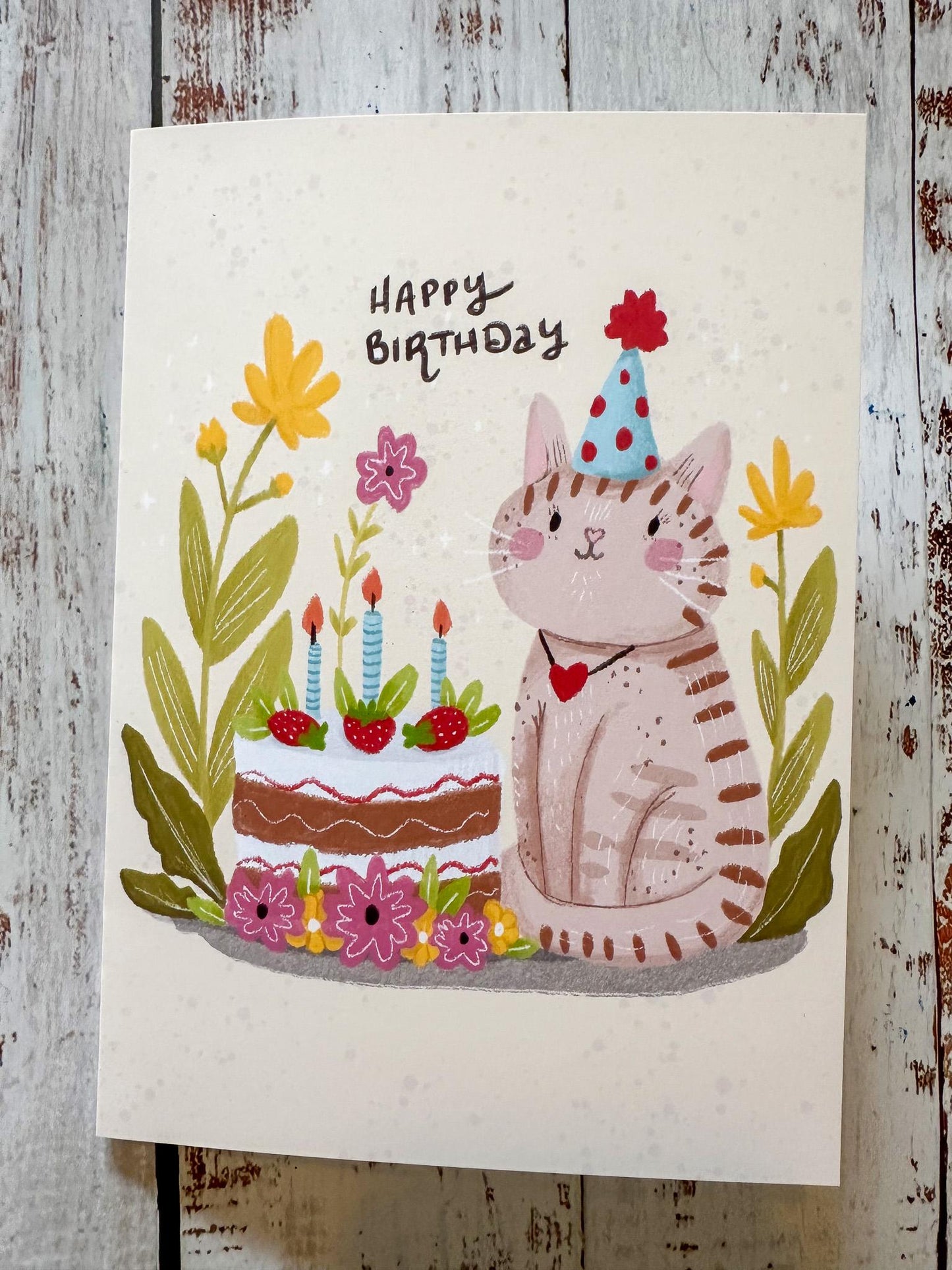 Cat Happy Birthday Card, Hand Drawn Birthday Card, Cute Kitten Birthday Card, Birthday Card for Her, Birthday Card for Child, Daughter